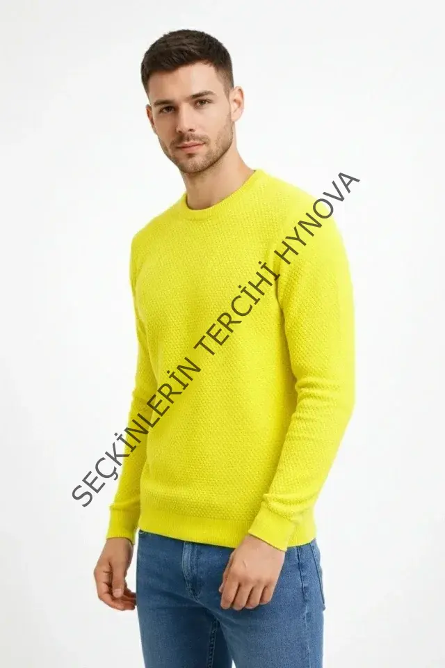 Erkek Bisiklet Yaka Petekli Dokulu Triko Kazak Pamuklu Ince Dokuma, Uzun Kollu Rahat Regular Kalıp - Sarı