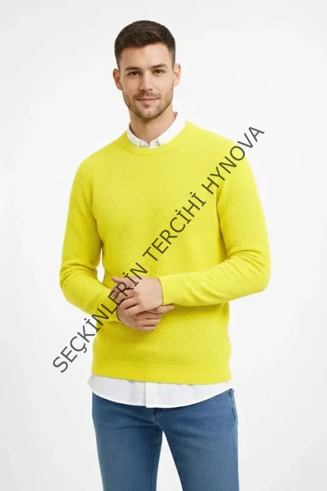 Erkek Bisiklet Yaka Petekli Dokulu Triko Kazak Pamuklu Ince Dokuma, Uzun Kollu Rahat Regular Kalıp - Sarı