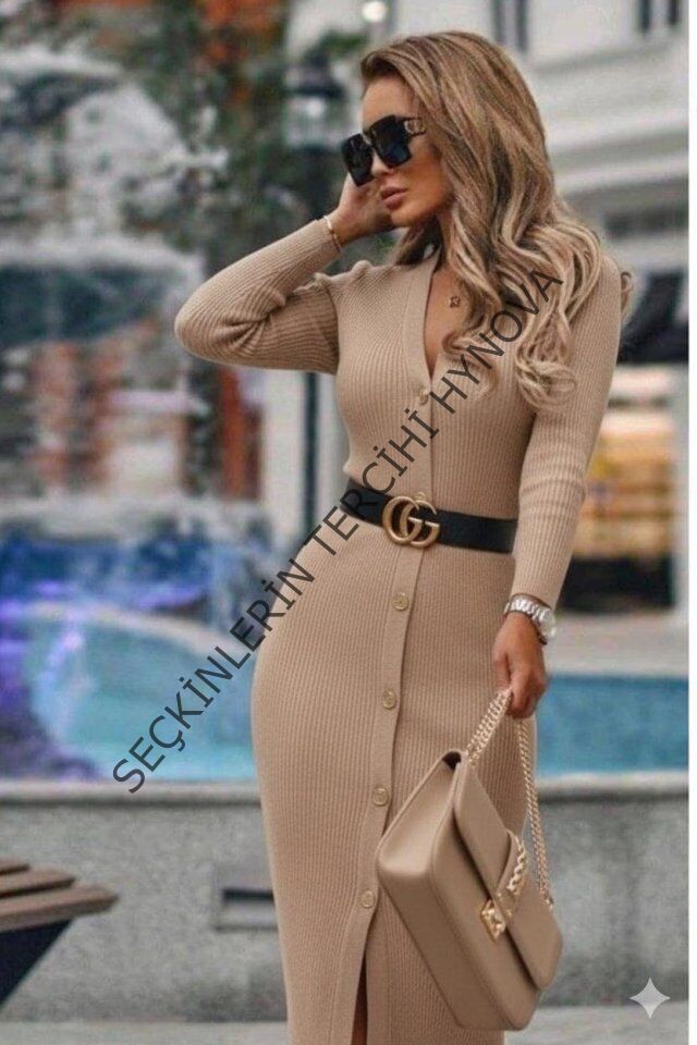 Kadın Uzun Kollu Düğme Detay örme Kaşkorse Kumaş Kemer Dahil Maxi Boy Elbise