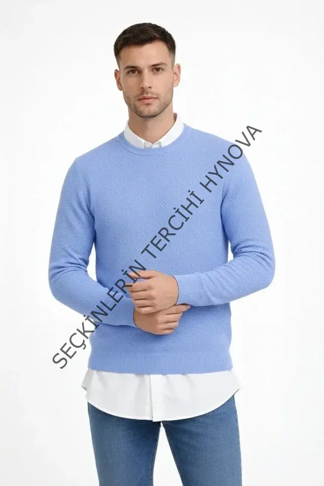 Erkek Bisiklet Yaka Petekli Dokulu Triko Kazak Pamuklu Ince Dokuma, Uzun Kollu Rahat Regular Kalıp - Mavi