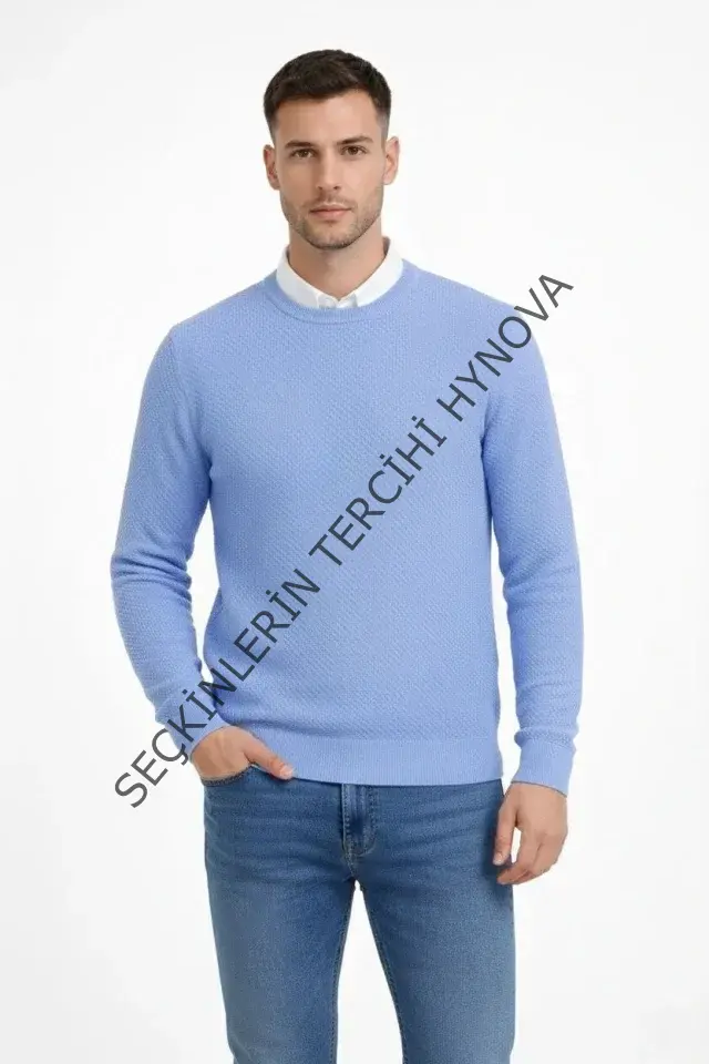 Erkek Bisiklet Yaka Petekli Dokulu Triko Kazak Pamuklu Ince Dokuma, Uzun Kollu Rahat Regular Kalıp - Mavi