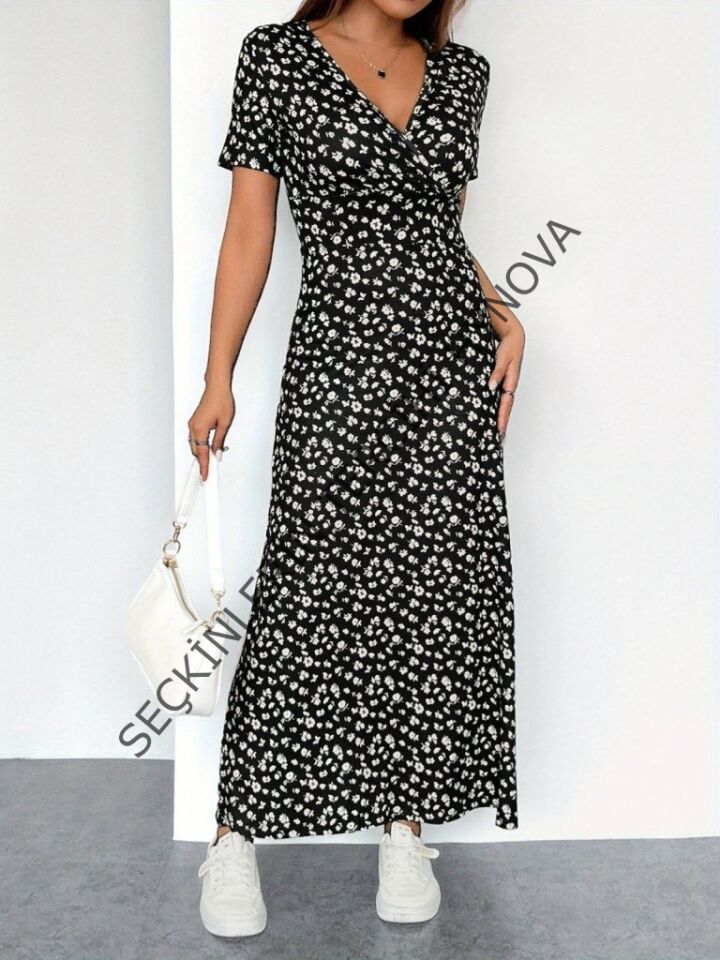 Kadın Kısa Kollu Kruvaze Yakalı çiçek Desenli Süprem Elbise