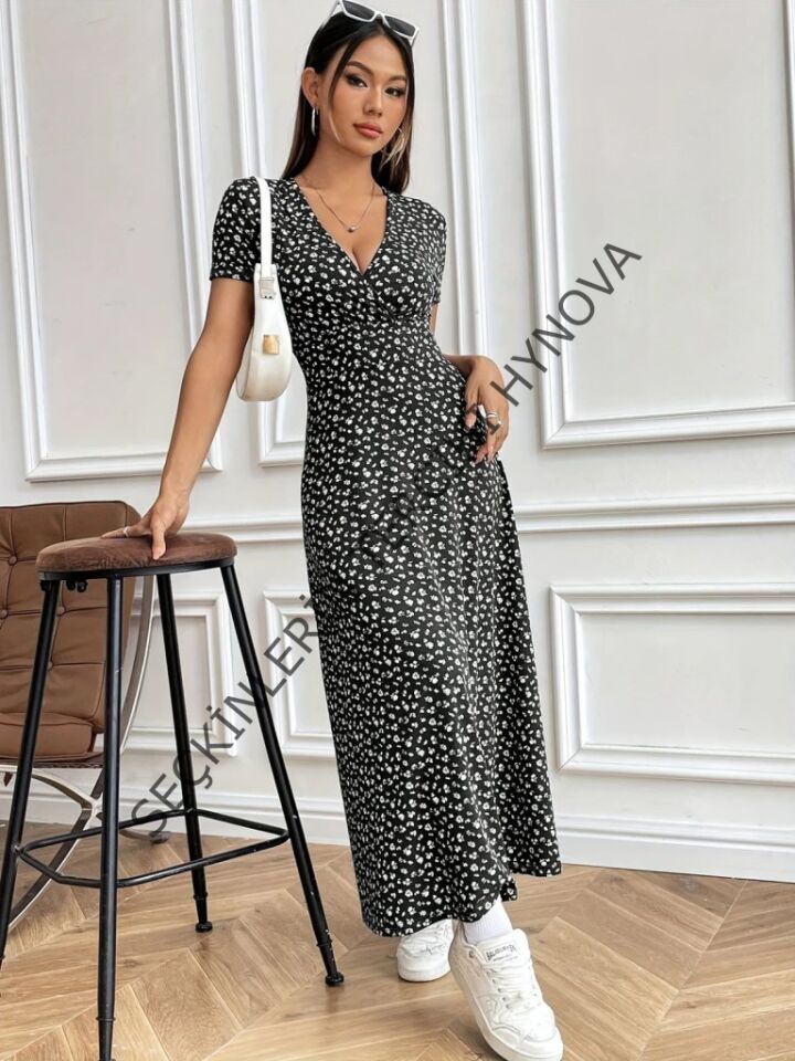 Kadın Kısa Kollu Kruvaze Yakalı çiçek Desenli Süprem Elbise