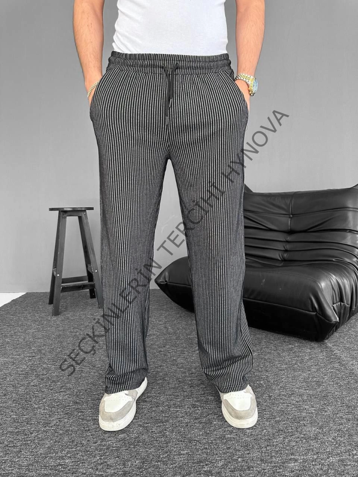 Su Yolu Çizgili Cepli Pantalon - Siyah