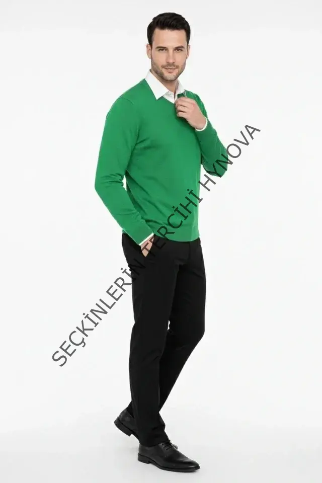 Erkek V Yaka Triko Kazak Yumuşak Dokulu Pamuklu Ince Dokuma, Uzun Kollu Rahat Regular Kalıp - Çimen Yeşili