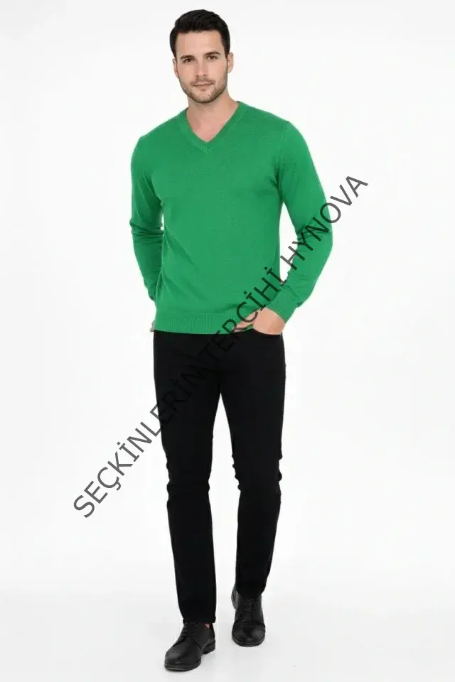 Erkek V Yaka Triko Kazak Yumuşak Dokulu Pamuklu Ince Dokuma, Uzun Kollu Rahat Regular Kalıp - Çimen Yeşili