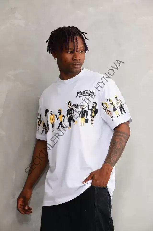 Unisex Bisiklet Yaka Baskılı Oversize T-Shirt - Beyaz
