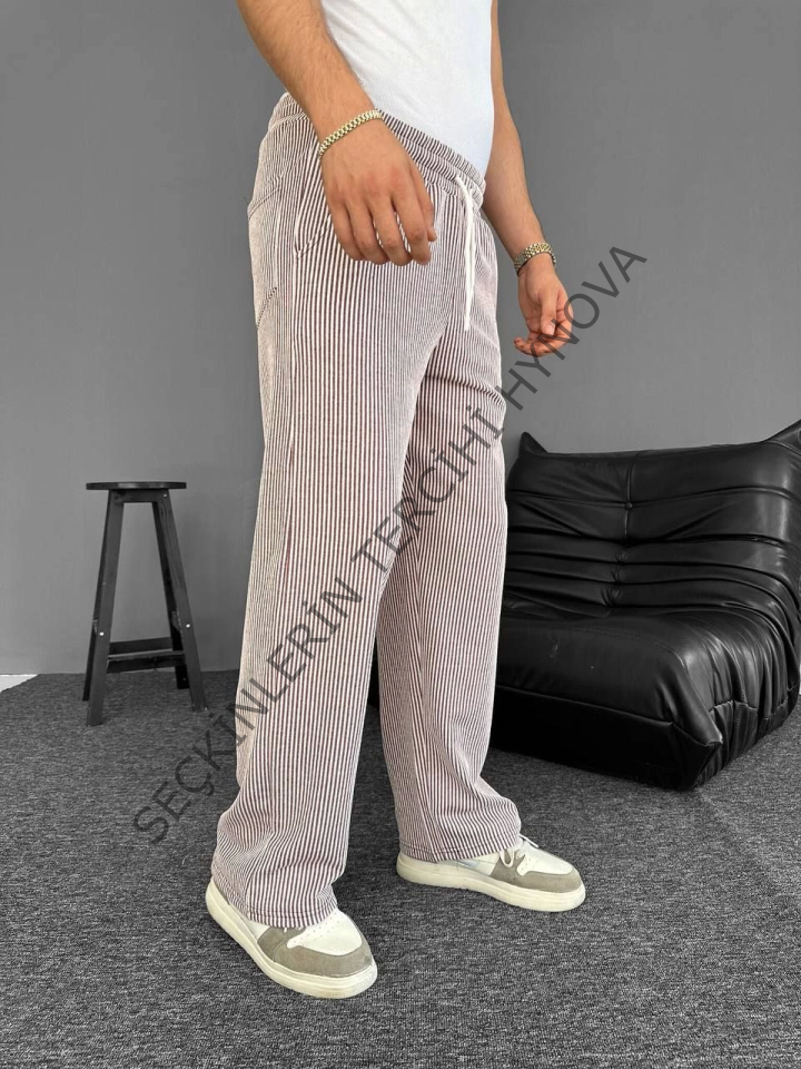 Su Yolu Çizgili Cepli Pantalon - Kahverengi