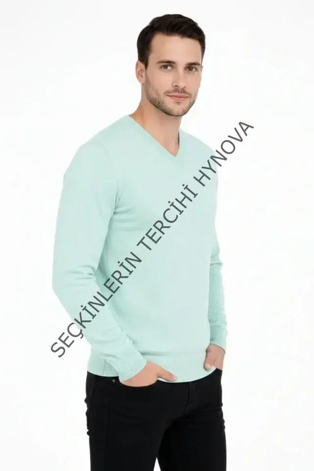 Erkek V Yaka Triko Kazak Yumuşak Dokulu Pamuklu Ince Dokuma, Uzun Kollu Rahat Regular Kalıp - Mint Yeşili