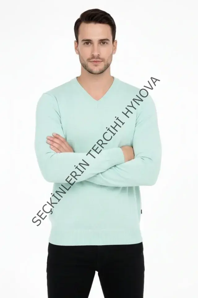 Erkek V Yaka Triko Kazak Yumuşak Dokulu Pamuklu Ince Dokuma, Uzun Kollu Rahat Regular Kalıp - Mint Yeşili