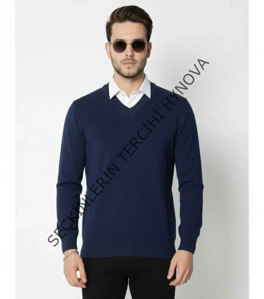 Erkek V Yaka Triko Kazak Yumuşak Dokulu Pamuklu Ince Dokuma, Uzun Kollu Rahat Regular Kalıp - Lacivert