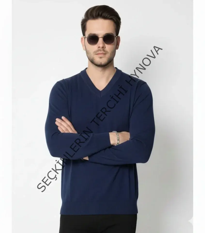 Erkek V Yaka Triko Kazak Yumuşak Dokulu Pamuklu Ince Dokuma, Uzun Kollu Rahat Regular Kalıp - Lacivert