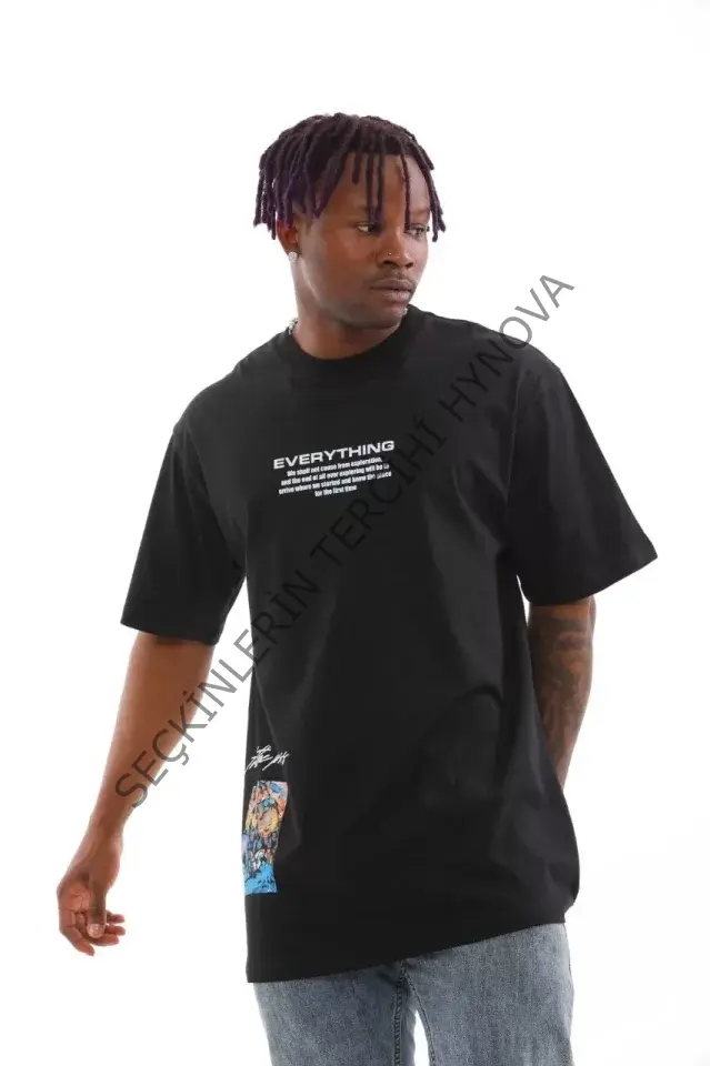 Unisex Bisiklet Yaka Baskılı Oversize T-Shirt - Siyah