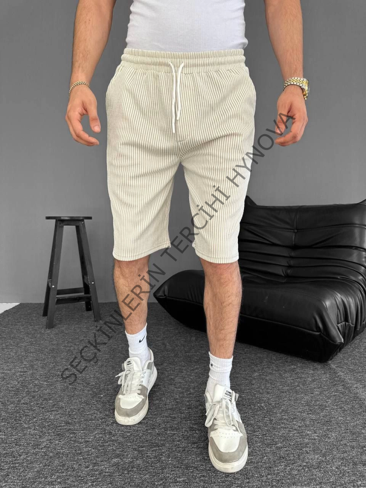 Su Yolu Çizgili Cepli Şort- Bej