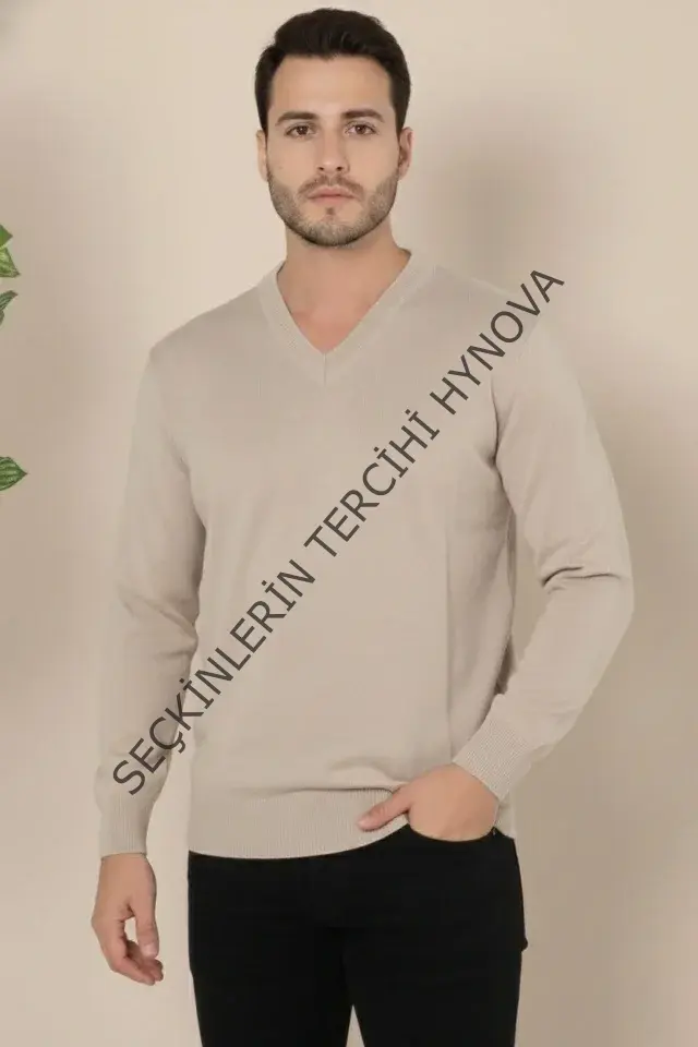 Erkek V Yaka Triko Kazak Yumuşak Dokulu Pamuklu Ince Dokuma, Uzun Kollu Rahat Regular Kalıp - Bej