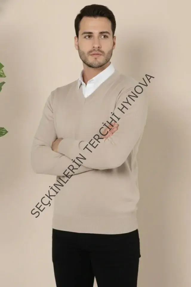 Erkek V Yaka Triko Kazak Yumuşak Dokulu Pamuklu Ince Dokuma, Uzun Kollu Rahat Regular Kalıp - Bej