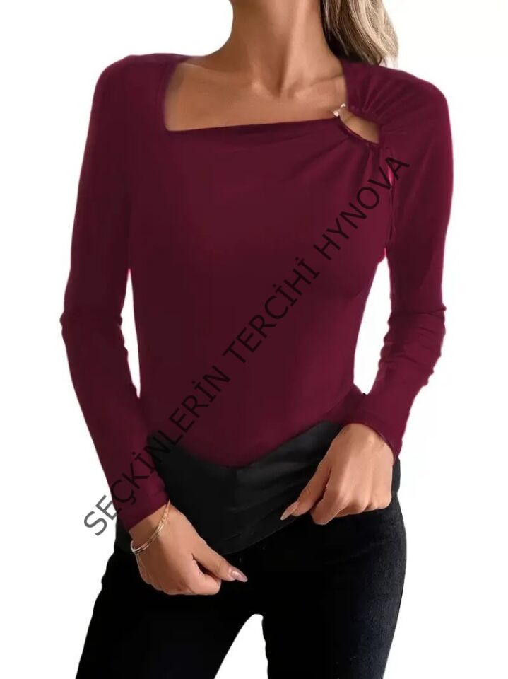 Kadın Uzun Kollu Yakadan Halka Detaylı Viskon Bluz