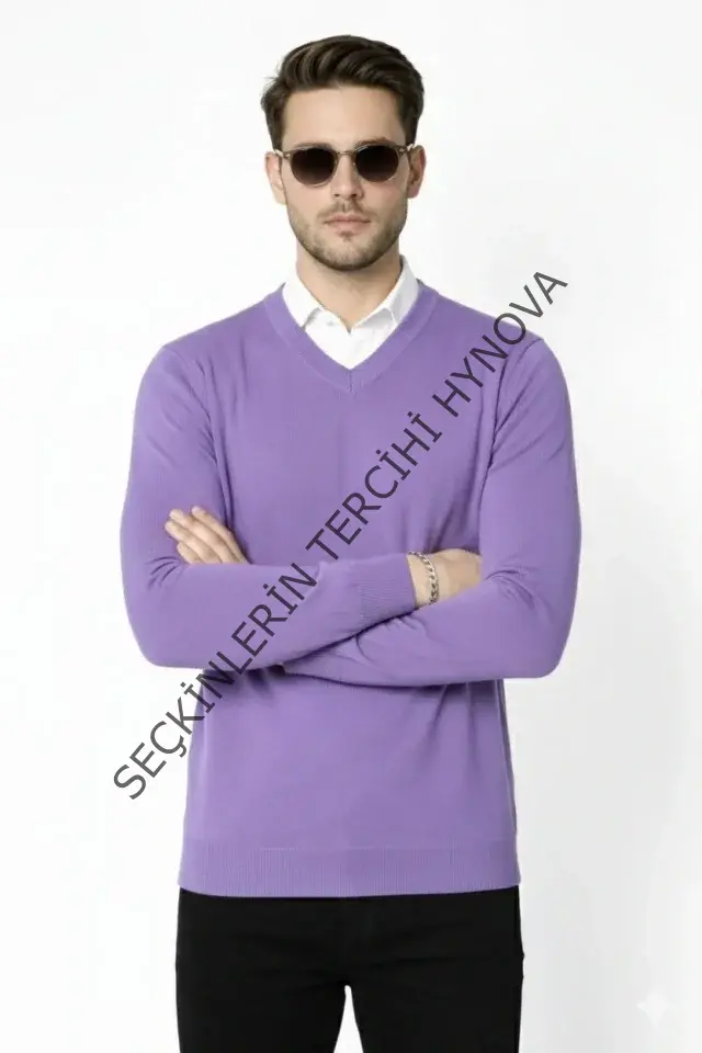 Erkek V Yaka Triko Kazak Yumuşak Dokulu Pamuklu Ince Dokuma, Uzun Kollu Rahat Regular Kalıp - Mor