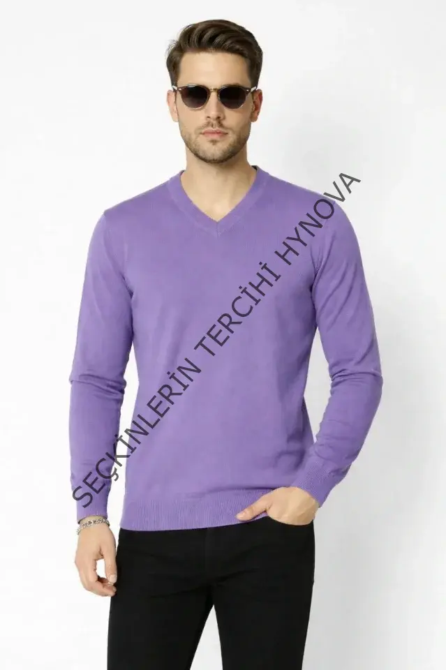 Erkek V Yaka Triko Kazak Yumuşak Dokulu Pamuklu Ince Dokuma, Uzun Kollu Rahat Regular Kalıp - Mor