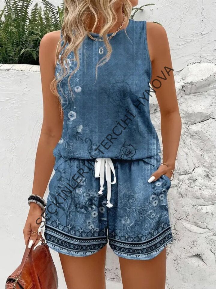 Kadın Askılı Yuvarlak Yaka çiçek Baskılı Süprme Bluz Ve Short Ikili Takım