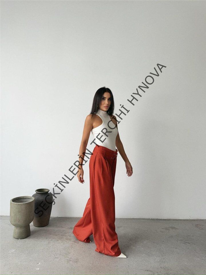 PALAZZO PANTOLON KUMAŞ KEMER DETAYLI - Kiremit