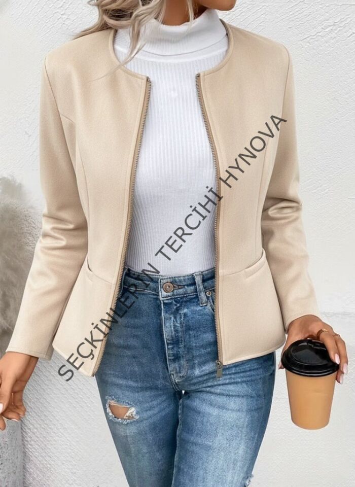 Kadın Uzun Kollu Yuvarlak Yaka önden Fermuarlı Süet Ceket