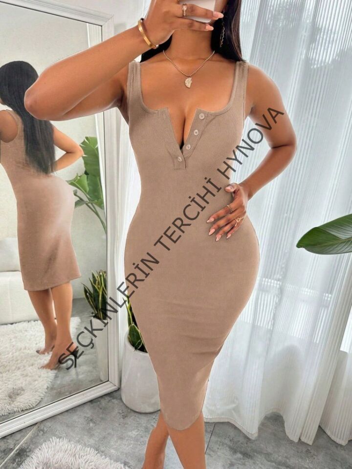 Kadın Askılı önü Düğmeli Midi Kaşkorse Elbise