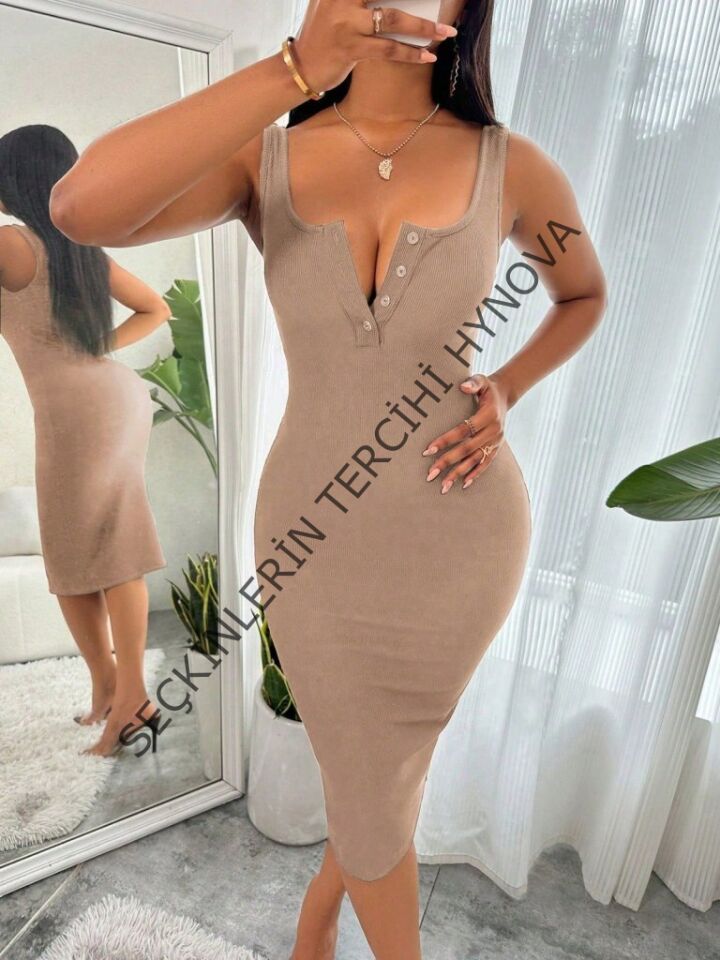 Kadın Askılı önü Düğmeli Midi Kaşkorse Elbise