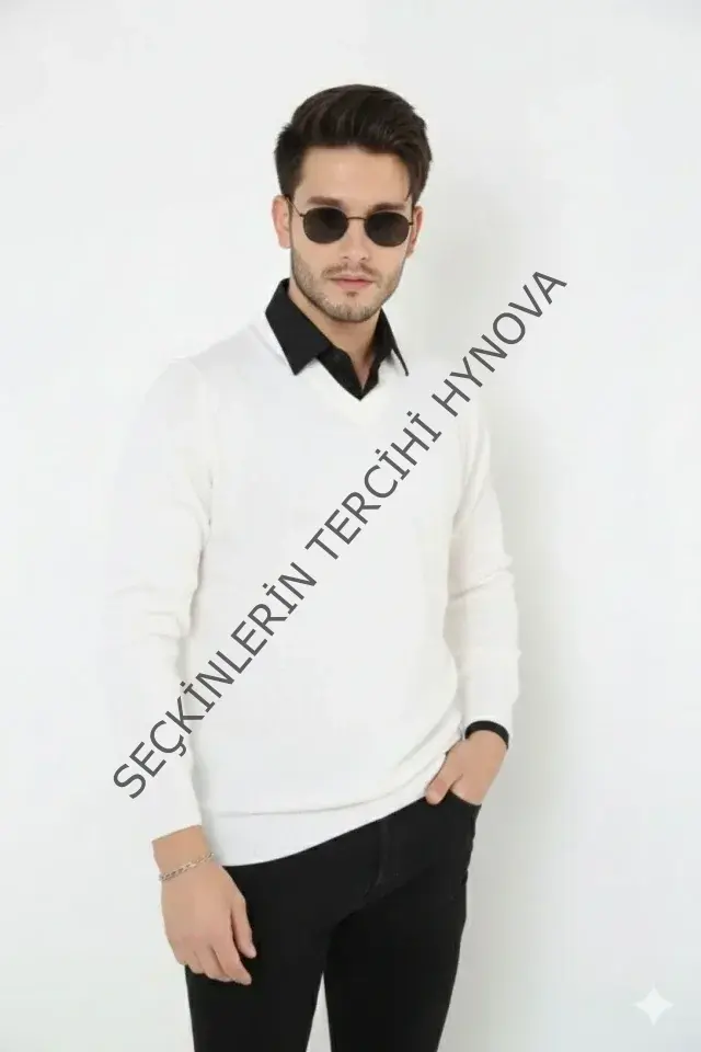 Erkek V Yaka Triko Kazak Yumuşak Dokulu Pamuklu Ince Dokuma, Uzun Kollu Rahat Regular Kalıp - Beyaz