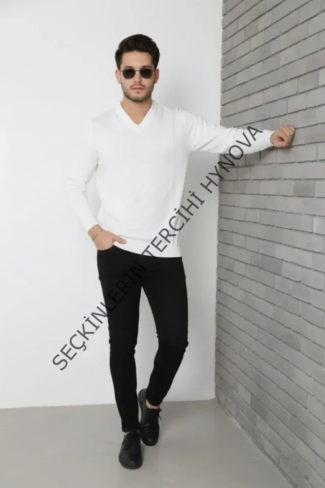 Erkek V Yaka Triko Kazak Yumuşak Dokulu Pamuklu Ince Dokuma, Uzun Kollu Rahat Regular Kalıp - Beyaz