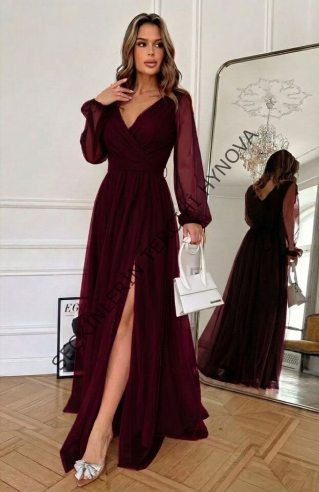 Kadın Uzun Kollu Kruvaze Yakalı Belden Kuşaklı Tüllü Uzun Ithal Krep Elbise