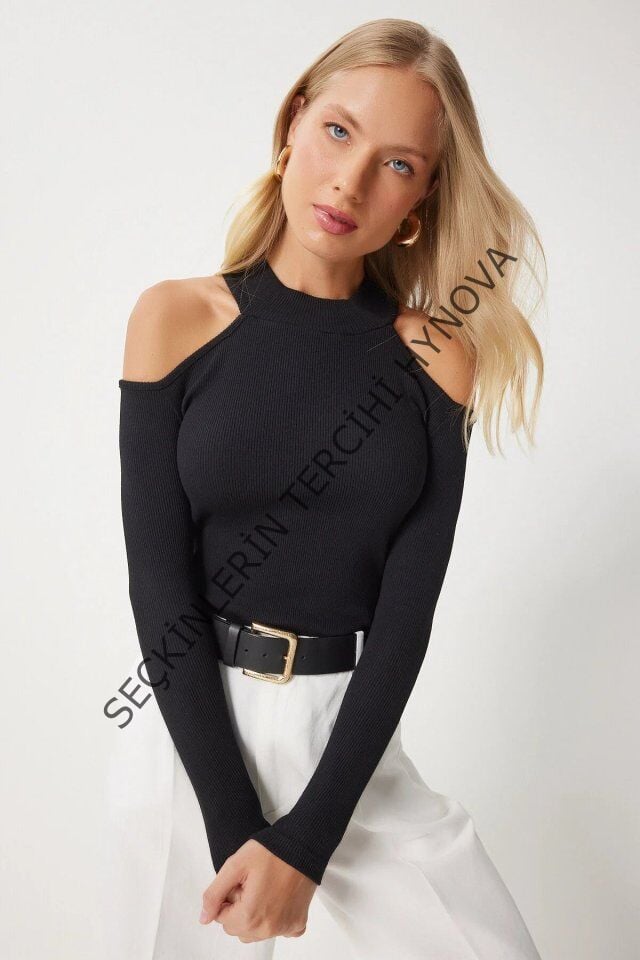 Kadın Uzun Kollu Omuz Dekolteli Kaşkorse Kumaş Bluz