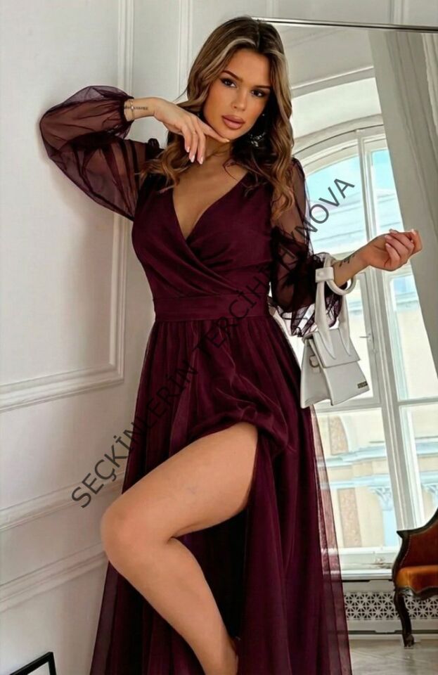 Kadın Uzun Kollu Kruvaze Yakalı Belden Kuşaklı Tüllü Uzun Ithal Krep Elbise