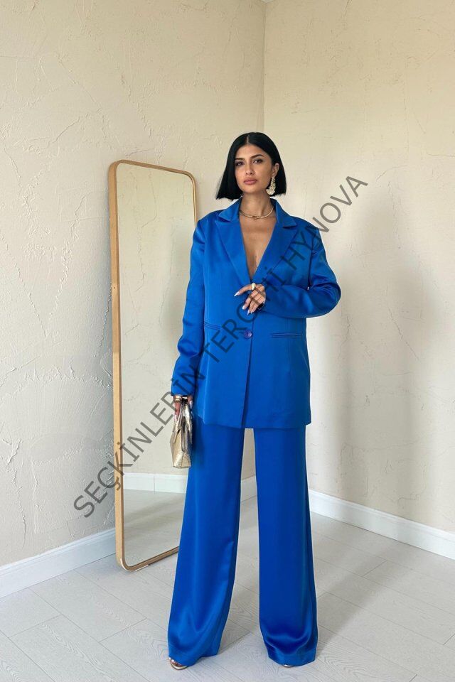 Mavi Saten Ceket Ve Pantolon Takım