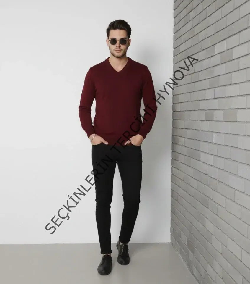 Erkek V Yaka Triko Kazak Yumuşak Dokulu Pamuklu Ince Dokuma, Uzun Kollu Rahat Regular Kalıp - Bordo