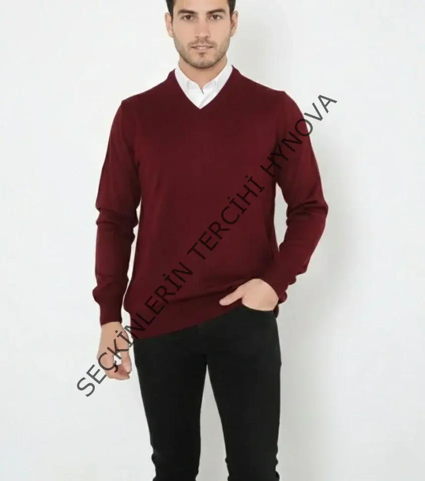 Erkek V Yaka Triko Kazak Yumuşak Dokulu Pamuklu Ince Dokuma, Uzun Kollu Rahat Regular Kalıp - Bordo