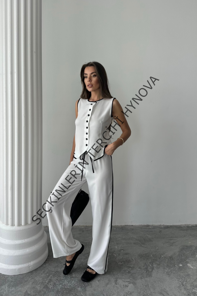 KETEN KENARLARI BİYELİ YELEK - PANTOLON TAKIM - Beyaz
