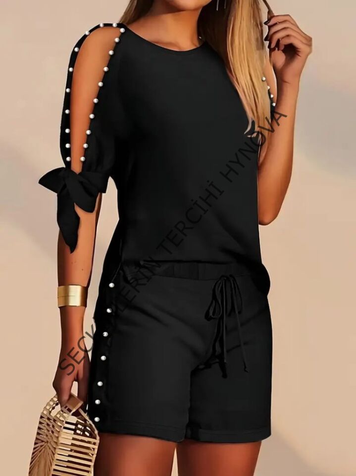 Kadın Kısa Kollu Bisiklet Yaka Yarı Açık Omuz Inci Detaylı Short T-shirt Viskon Ikili Takım