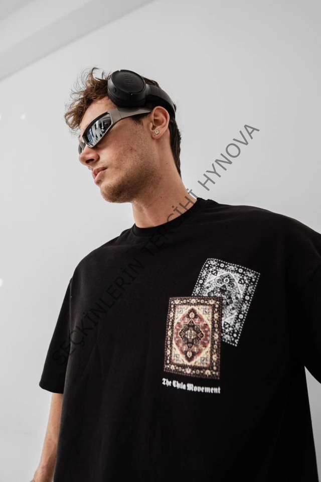Erkek Baskılı Oversize T-shirt - Siyah