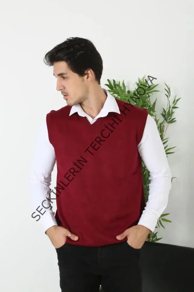 Erkek V Yaka Kolsuz Süveter Triko Kazak Yumuşak Dokulu Pamuklu Ince Dokuma Rahat Regular Kalıp - Bordo