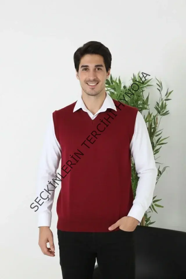 Erkek V Yaka Kolsuz Süveter Triko Kazak Yumuşak Dokulu Pamuklu Ince Dokuma Rahat Regular Kalıp - Bordo