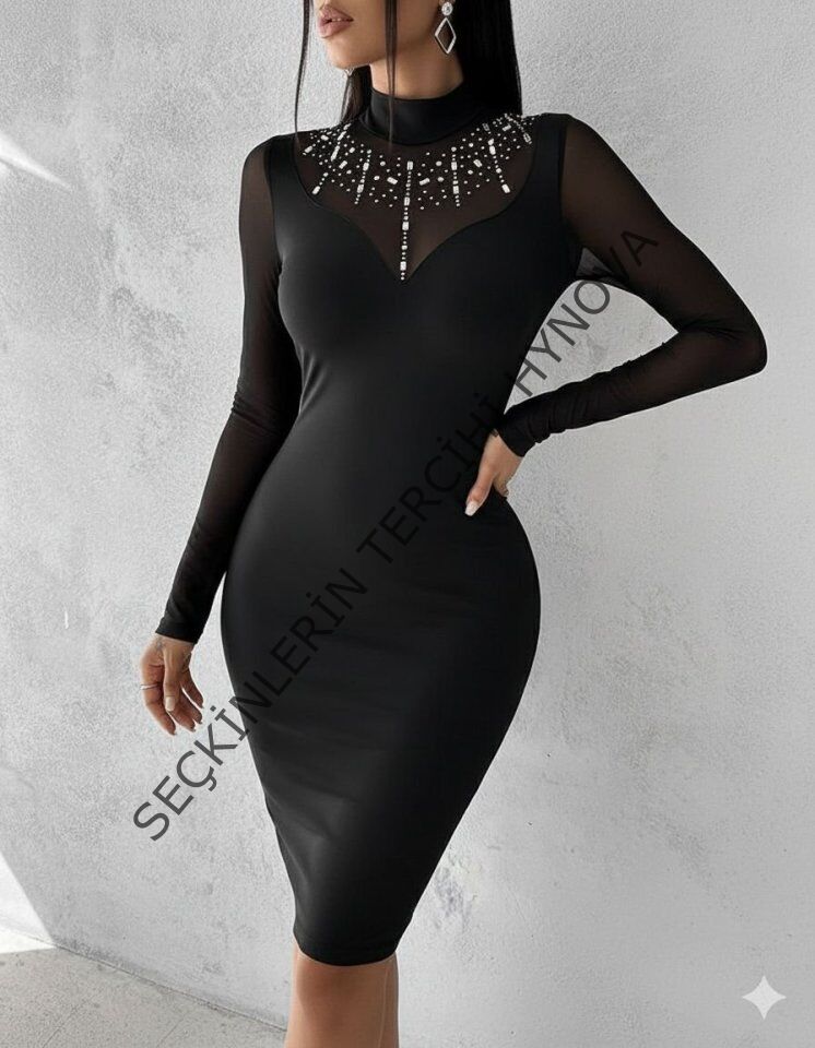 Kadın Balıkçı Yaka Dalgıç Kumaş Taş Ve Transparan Detaydiz üstü Elbise