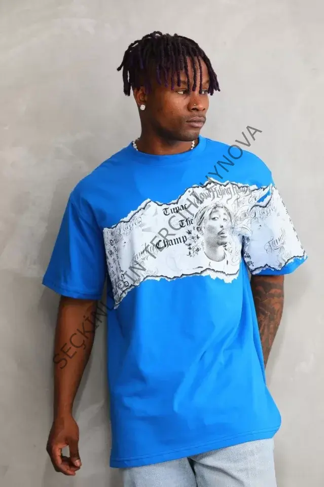 Unisex Bisiklet Yaka Baskılı Oversize T-Shirt - Mavi