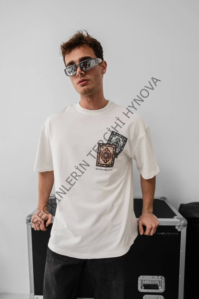Erkek Baskılı Oversize T-shirt - Beyaz