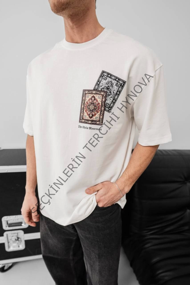 Erkek Baskılı Oversize T-shirt - Beyaz