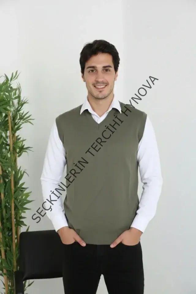 Erkek V Yaka Kolsuz Süveter Triko Kazak Yumuşak Dokulu Pamuklu Ince Dokuma Rahat Regular Kalıp - Haki