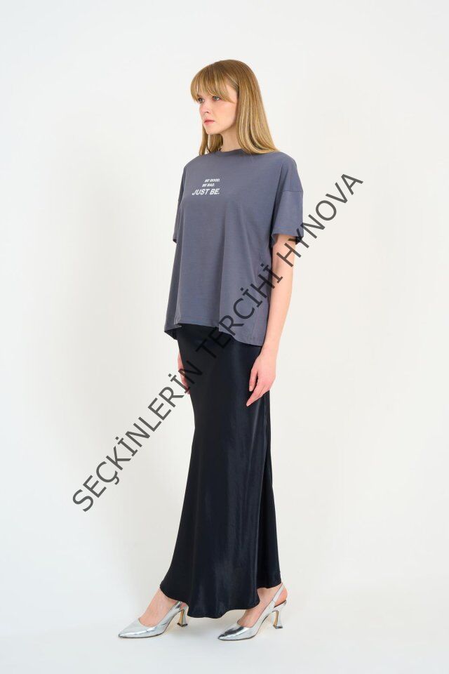 Düz Uzun Saten Etek - Siyah