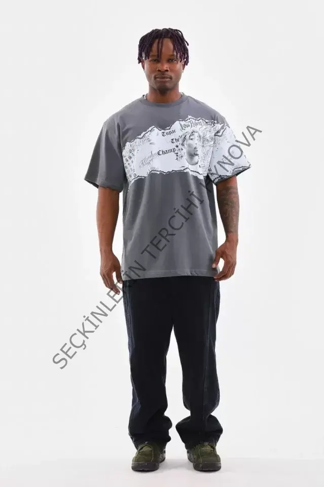 Unisex Bisiklet Yaka Baskılı Oversize T-Shirt - Gri