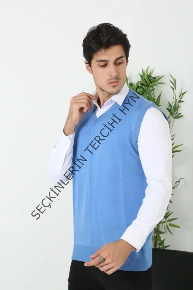 Erkek V Yaka Kolsuz Süveter Triko Kazak Yumuşak Dokulu Pamuklu Ince Dokuma Rahat Regular Kalıp - Mavi