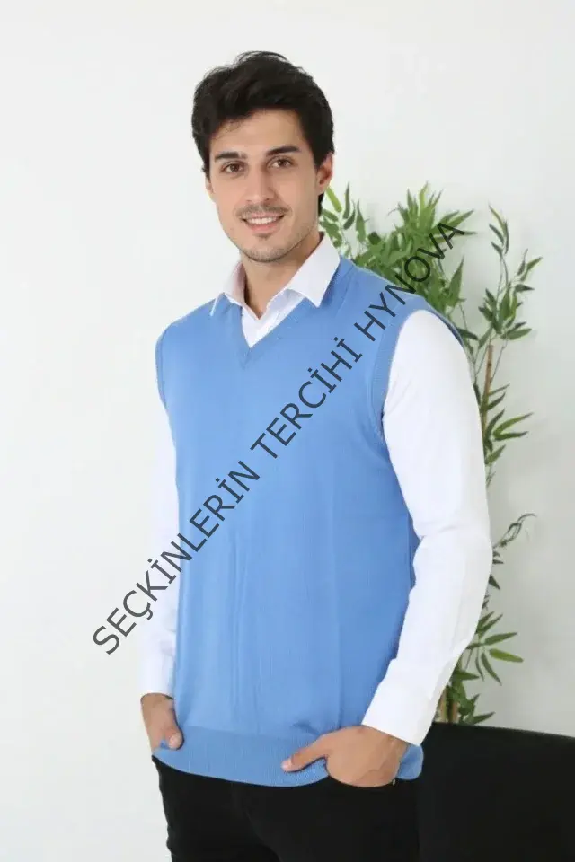 Erkek V Yaka Kolsuz Süveter Triko Kazak Yumuşak Dokulu Pamuklu Ince Dokuma Rahat Regular Kalıp - Mavi